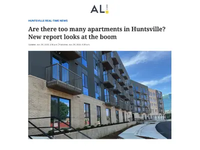 Huntsville's rapid apartment construction boom has led to an oversupply, causing declining rents, increased vacancies, and a sharp slowdown in new development. While thousands of units are still being completed and leased, experts believe construction wil